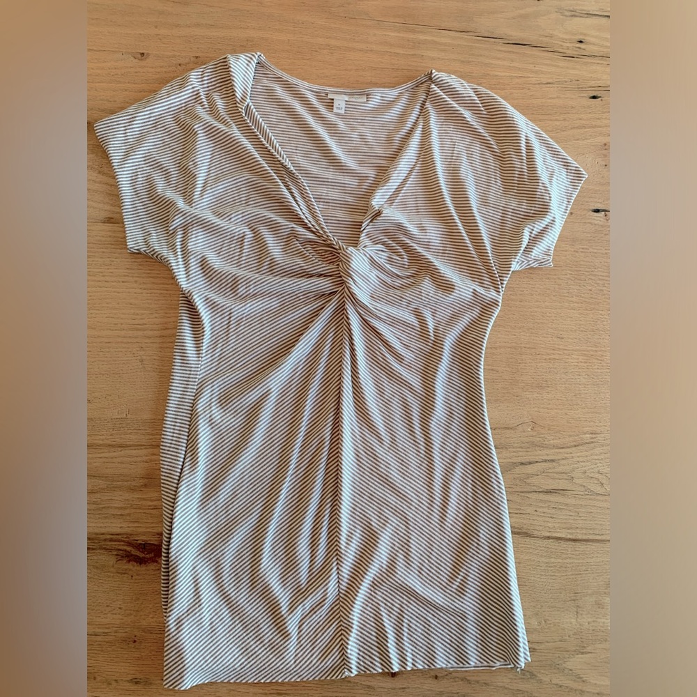 Halogen Stripe Knit Tee Short Sleeve Twisted V Neck Taupe White Women’s M Pre